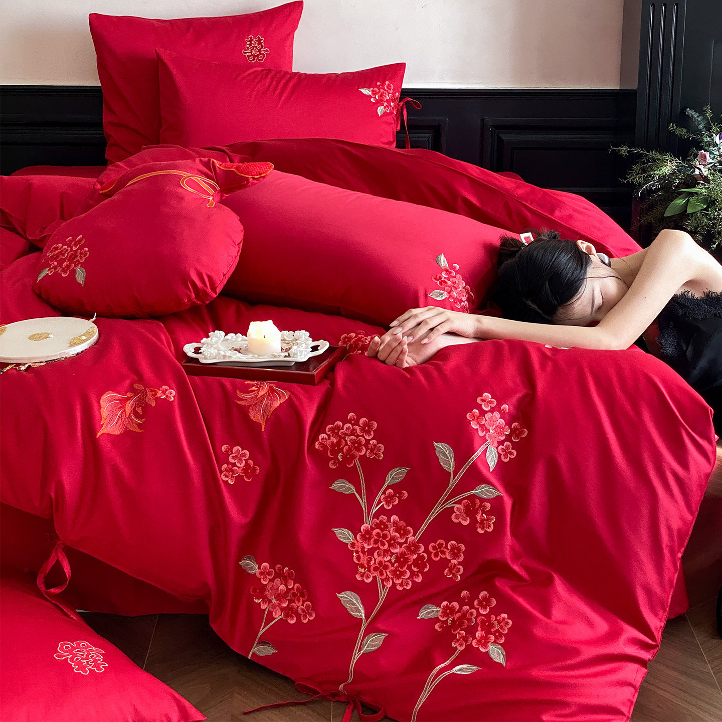 LANSWAY中式绣花婚庆四件套全棉锦鲤刺绣红色结婚被套床单1.8床笠,床上用品,婚庆床品套件,淘宝优惠券,粉丝福利购,淘宝优惠卷