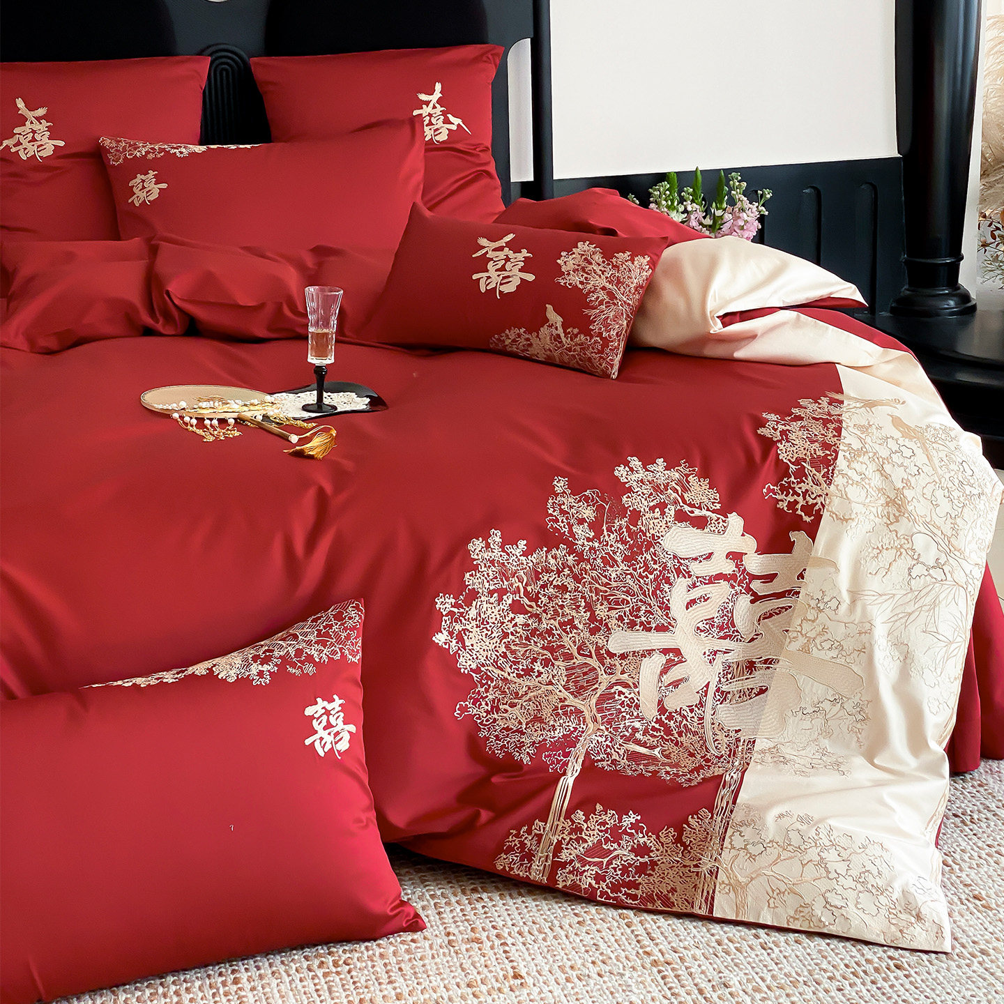 LANSWAY喜上枝头双喜刺绣新婚庆四件套全棉红色结婚被套陪嫁床单