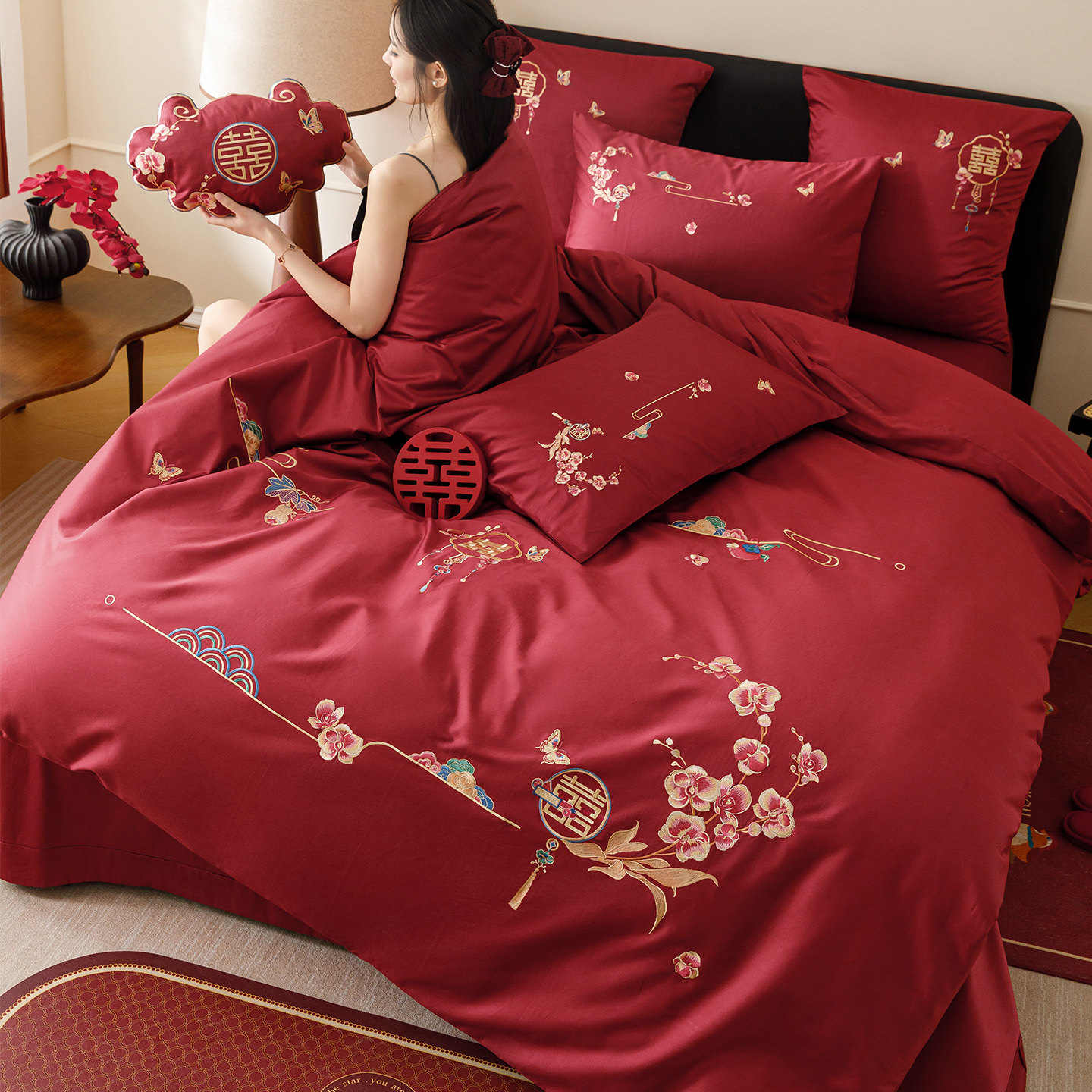 LANSWAY中式婚庆床品四件套全棉绣花喜字红色结婚被套床单1.8床笠