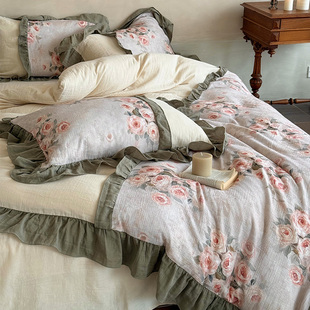 珍妮花园全棉超柔皱皱纱印花四件套拼接法式花边亲肤被套床单床品