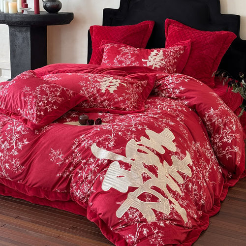 冬季牛奶绒大双喜婚庆四件套印花珊瑚绒红色结婚被套床单保暖床盖