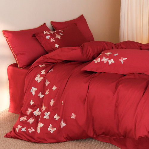 LANSWAY高端全棉金色蝴蝶刺绣婚庆四件套长绒棉结婚被套床单床笠