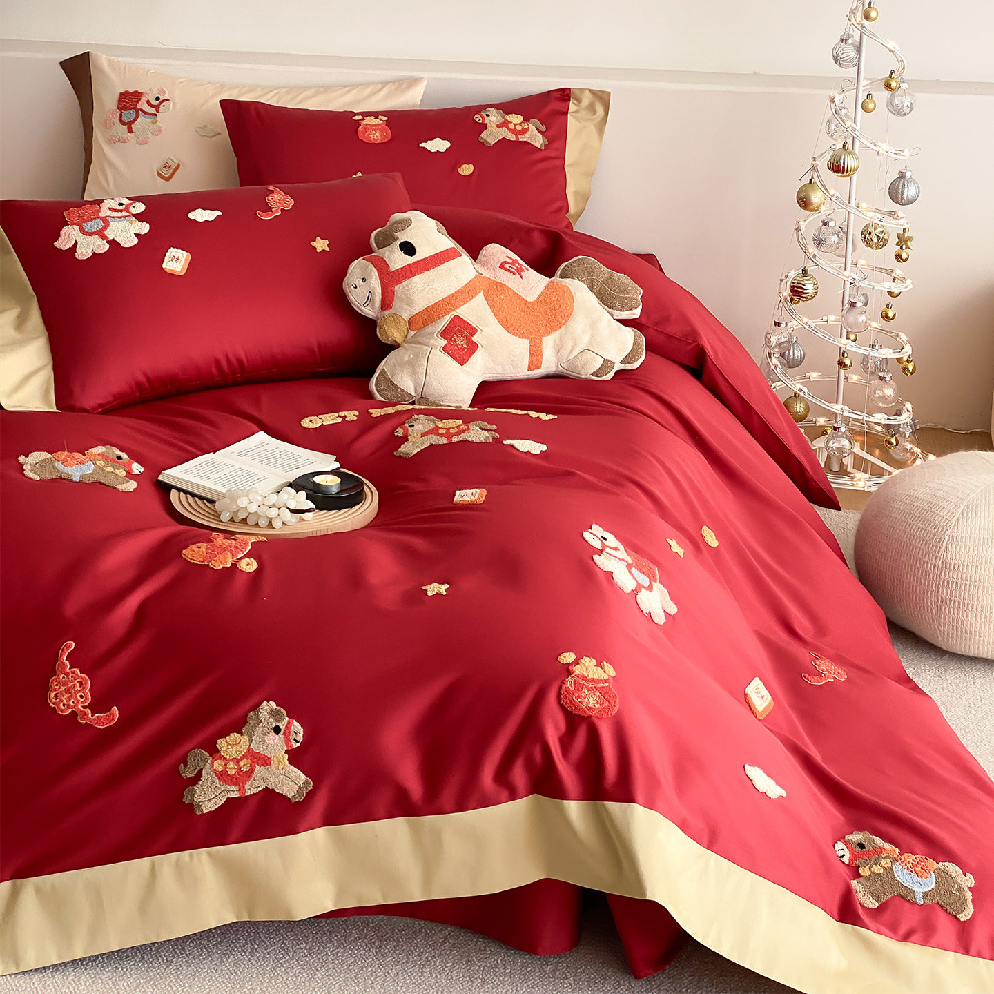 LANSWAY马年暴富新春喜庆床上四件套全棉红色结婚被套床单1.8床笠