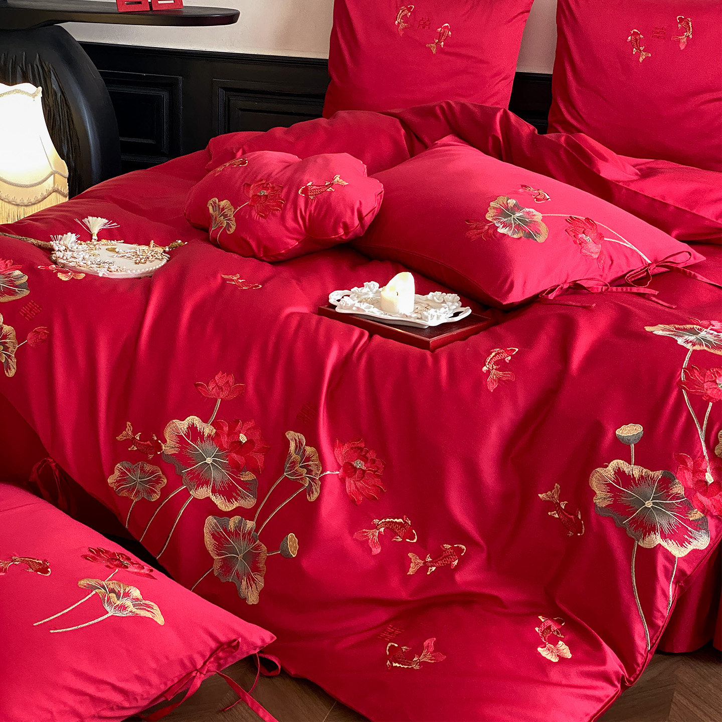 LANSWAY金玉满堂中式婚庆四件套全棉刺绣红色结婚被套床单1.8床笠,床上用品,婚庆床品套件,淘宝优惠券,粉丝福利购,淘宝优惠卷