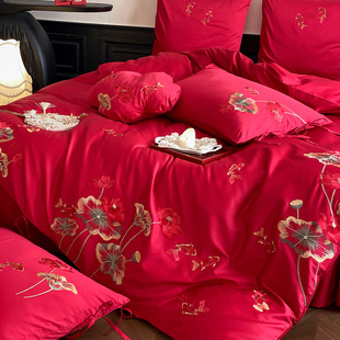 LANSWAY金玉满堂中式婚庆四件套全棉刺绣红色结婚被套床单1.8床笠