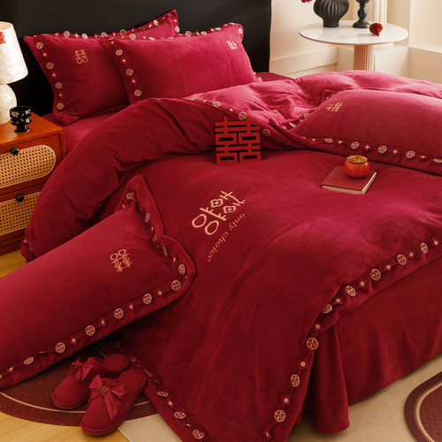 秋冬保暖牛奶绒婚庆四件套红色珊瑚绒法兰绒冬天结婚被套床单床笠