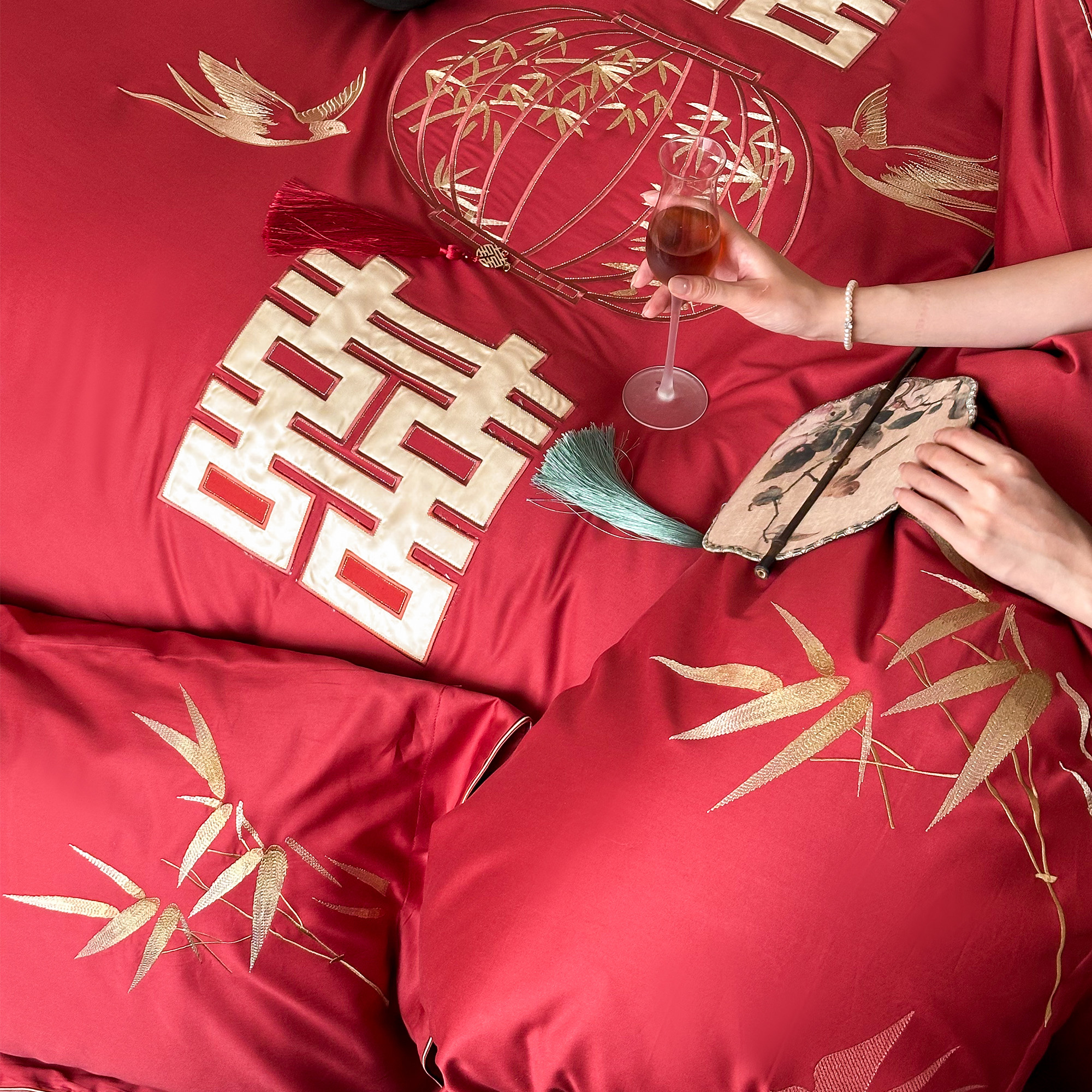 中式婚庆双喜临门四件套全棉喜字刺绣喜鹊红色结婚被套床单床笠