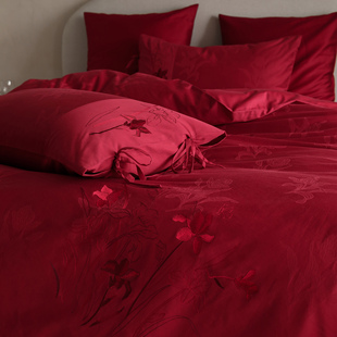 荷花色织提花全棉复古新中式 婚庆床品四件套纯棉红色结婚被套床单