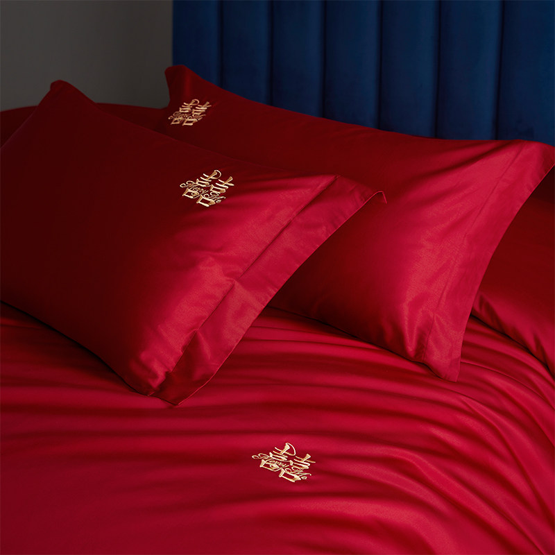SIMPLE NEW CHINESE DOUBLE HAPPINESS EMBROIDERY WEDDING FOUR-PIECE SET COTTON 100S LONG-STAPLE COTTON WINE RED WEDDING QUILT COVER SHEET