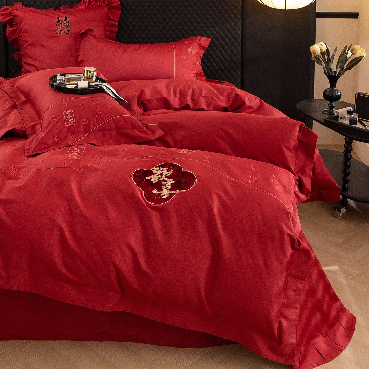LANSWAY新中式婚庆床品四件套全棉长绒棉刺绣红色结婚被套床单1.8
