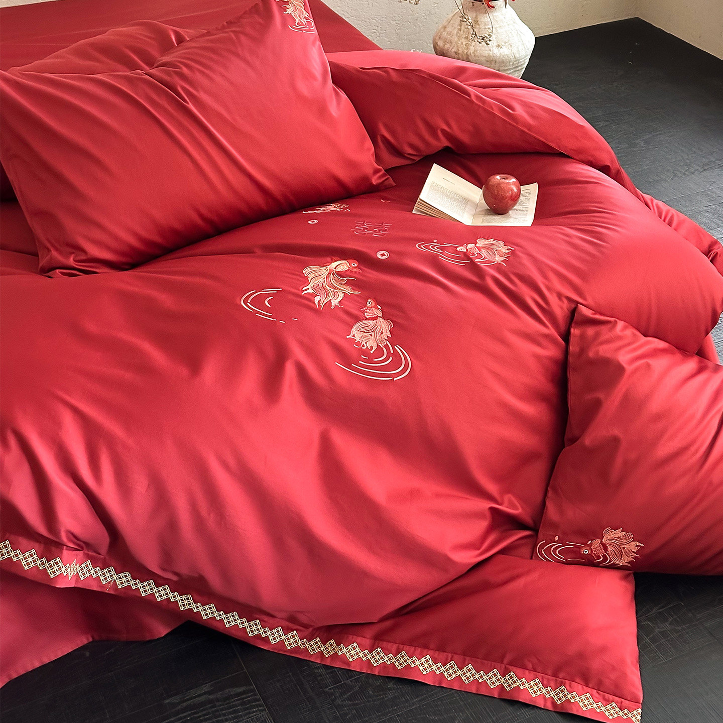 LANSWAY春夏锦鲤刺绣婚庆四件套纯棉新年喜庆结婚红色被套床单1.8,床上用品,婚庆床品套件,淘宝优惠券,粉丝福利购,淘宝优惠卷