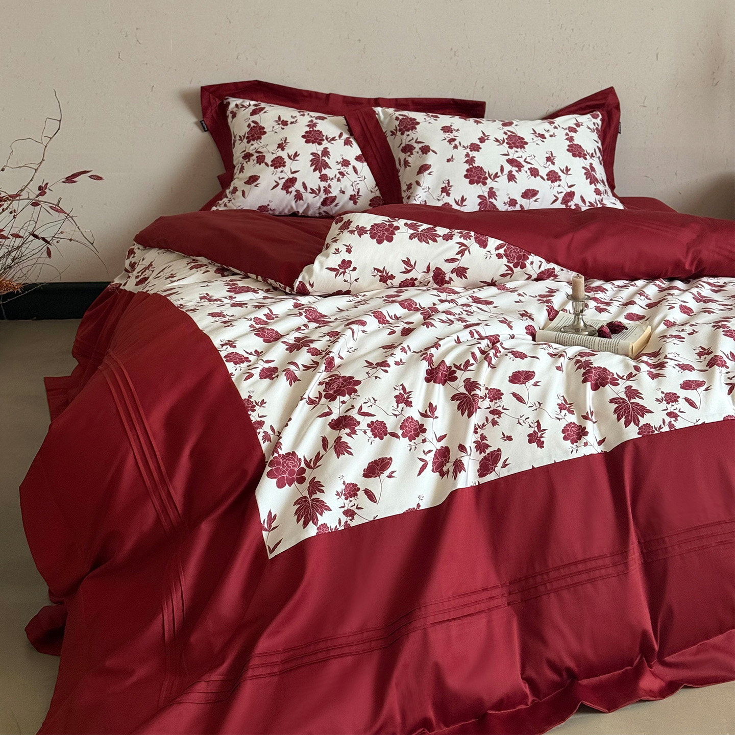 LANSWAY梵花甜蜜婚礼床品四件套数码印花红色结婚被套床单1.8床笠