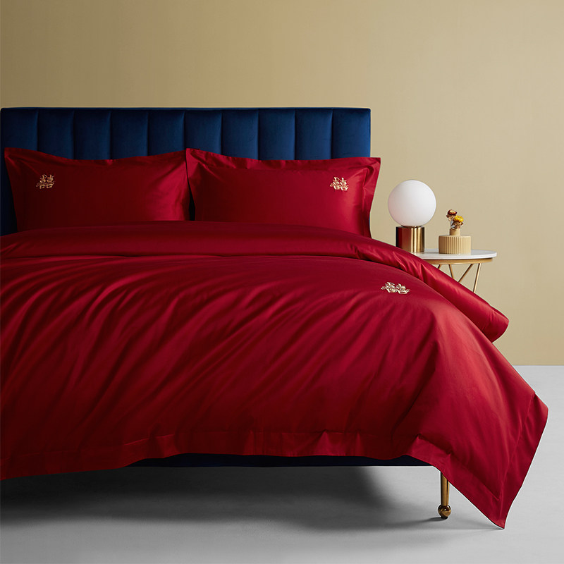 SIMPLE NEW CHINESE DOUBLE HAPPINESS EMBROIDERY WEDDING FOUR-PIECE SET COTTON 100S LONG-STAPLE COTTON WINE RED WEDDING QUILT COVER SHEET