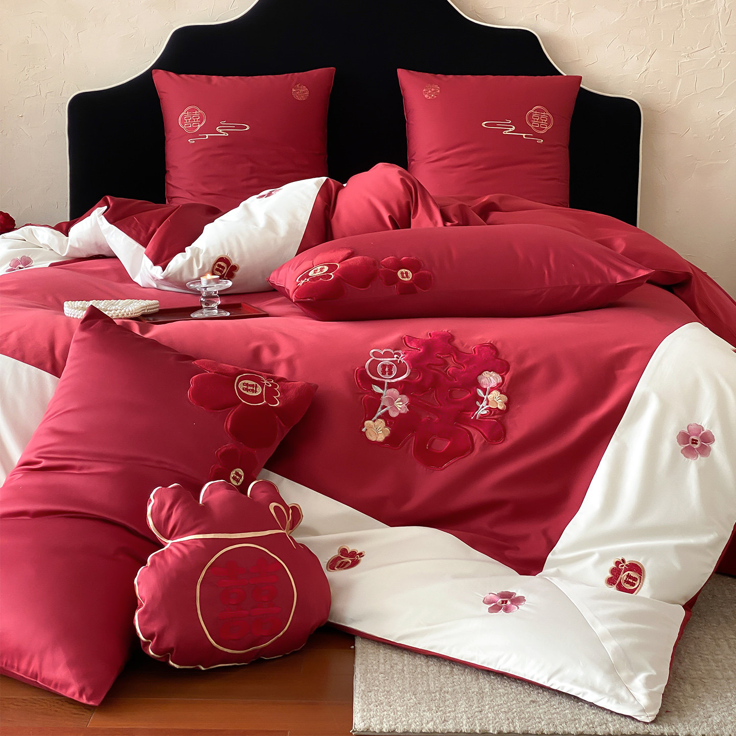 LANSWAY小清新婚庆床品全棉双喜字绣花少女心结婚被套床单四件套,床上用品,婚庆床品套件,淘宝优惠券,粉丝福利购,淘宝优惠卷