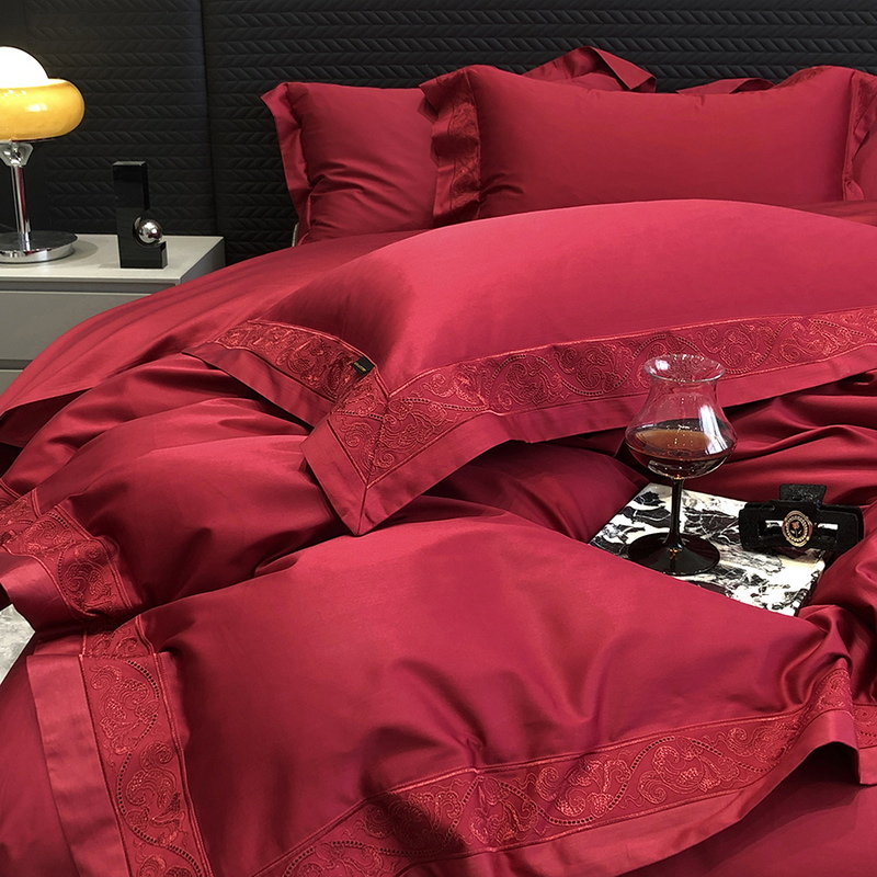 高档轻奢蕾丝边红色结婚四件套全棉100S匹马棉婚庆被套床单床品