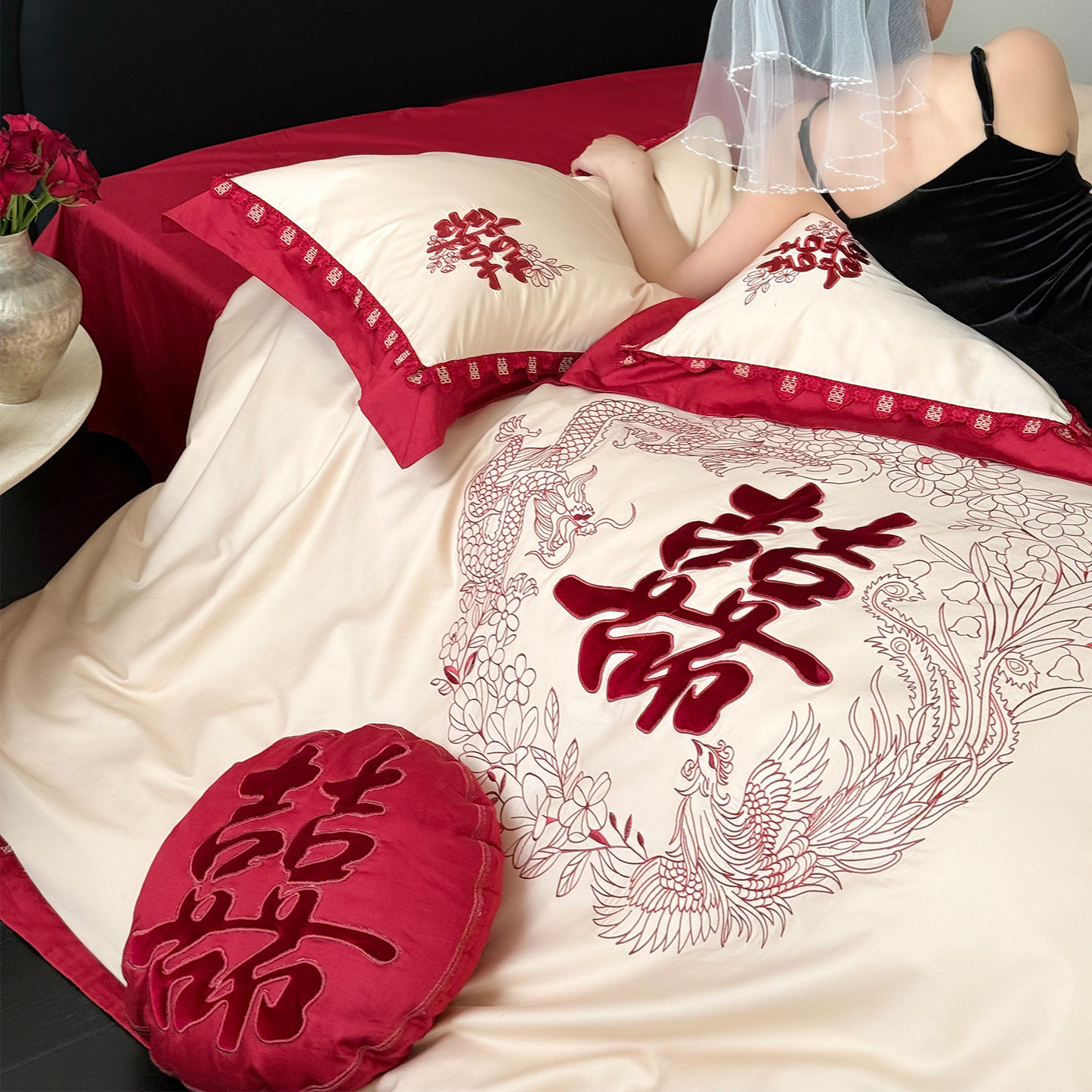 LANSWAY龙凤喜事刺绣新婚庆四件套纯棉现代婚礼结婚被套红色床单