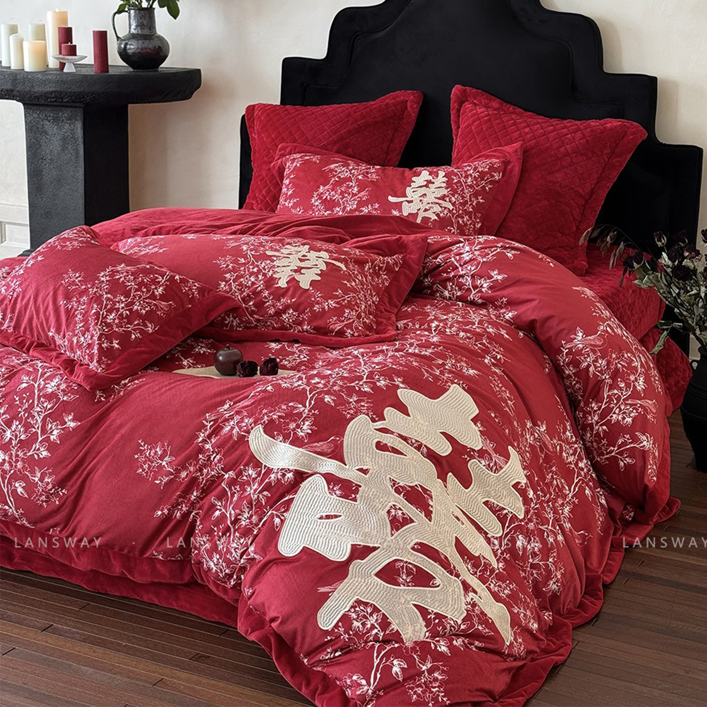 大双喜刺绣牛奶绒婚庆四件套冬天保暖珊瑚绒印花红色结婚被套床单