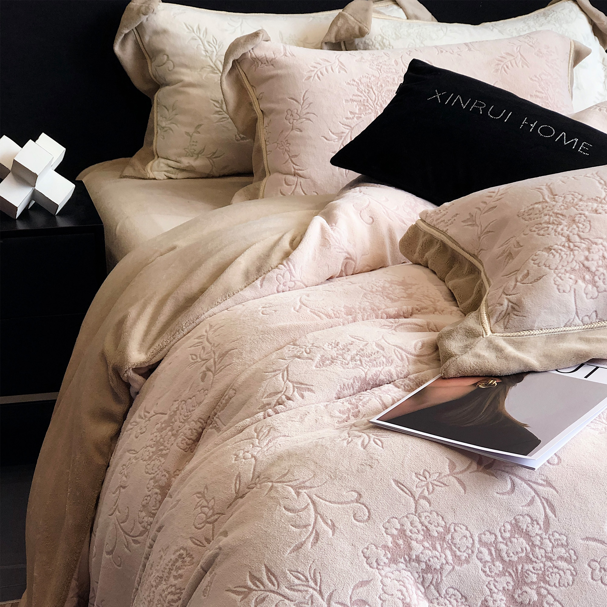 LANSWAY北欧风雕花绒四件套冬季保暖加厚牛奶绒双人被套床单床品