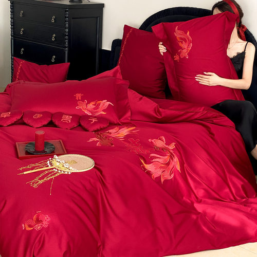 早生贵子锦鲤刺绣全棉婚庆四件套红色长绒棉结婚被套床单1.8床笠