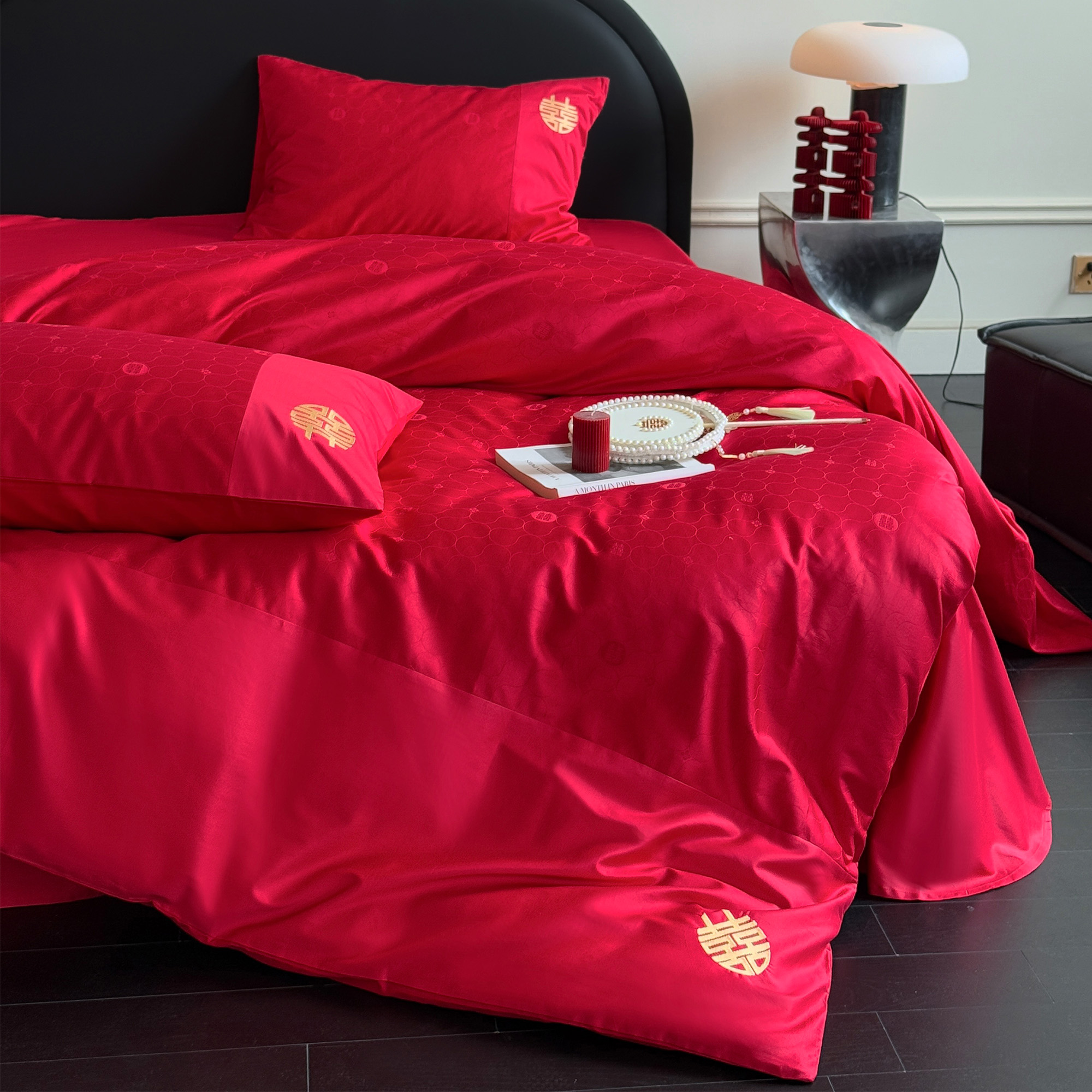 简约新中式婚礼床上四件套全棉提花喜字刺绣红色结婚被套床单床笠