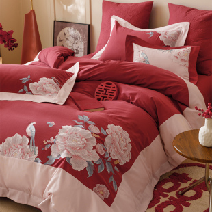 冬天全棉磨毛保暖四件套100s花鸟刺绣拼接红色结婚庆被套床单床品