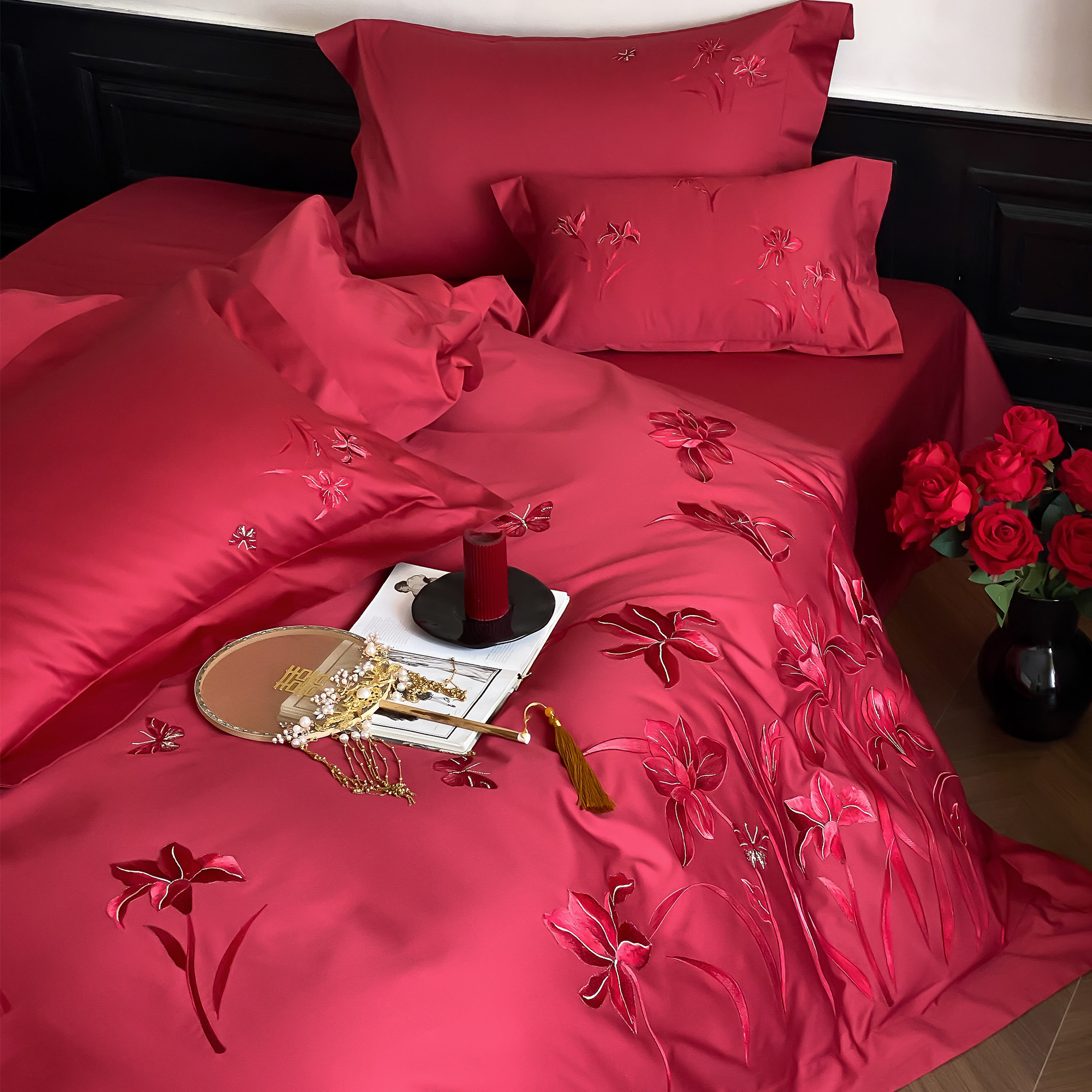 精致艺术绣花长绒棉浪漫婚庆四件套全棉高档红色结婚被套床单床笠