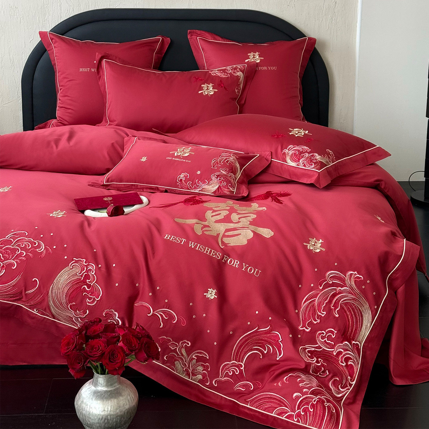 LANSWAY中式双喜刺绣花喜庆结婚四件套全棉红色新婚庆被套1.8床单,床上用品,婚庆床品套件,淘宝优惠券,粉丝福利购,淘宝优惠卷