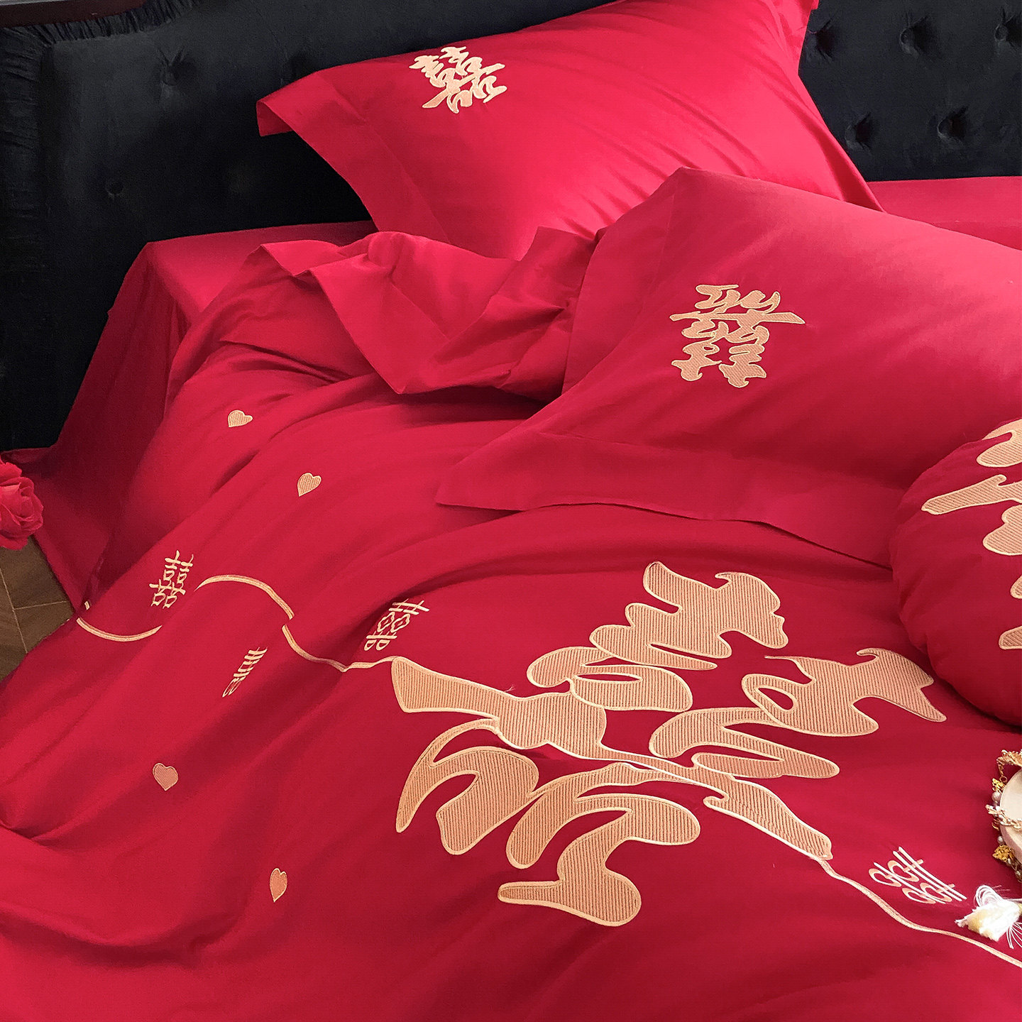 LANSWAY新中式金色双喜婚庆四件套全棉刺绣红色结婚被套床单床笠
