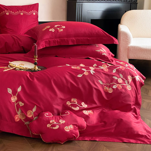 柿柿如意现代中式婚庆床品1.8米四件套全棉红色刺绣结婚被套床单
