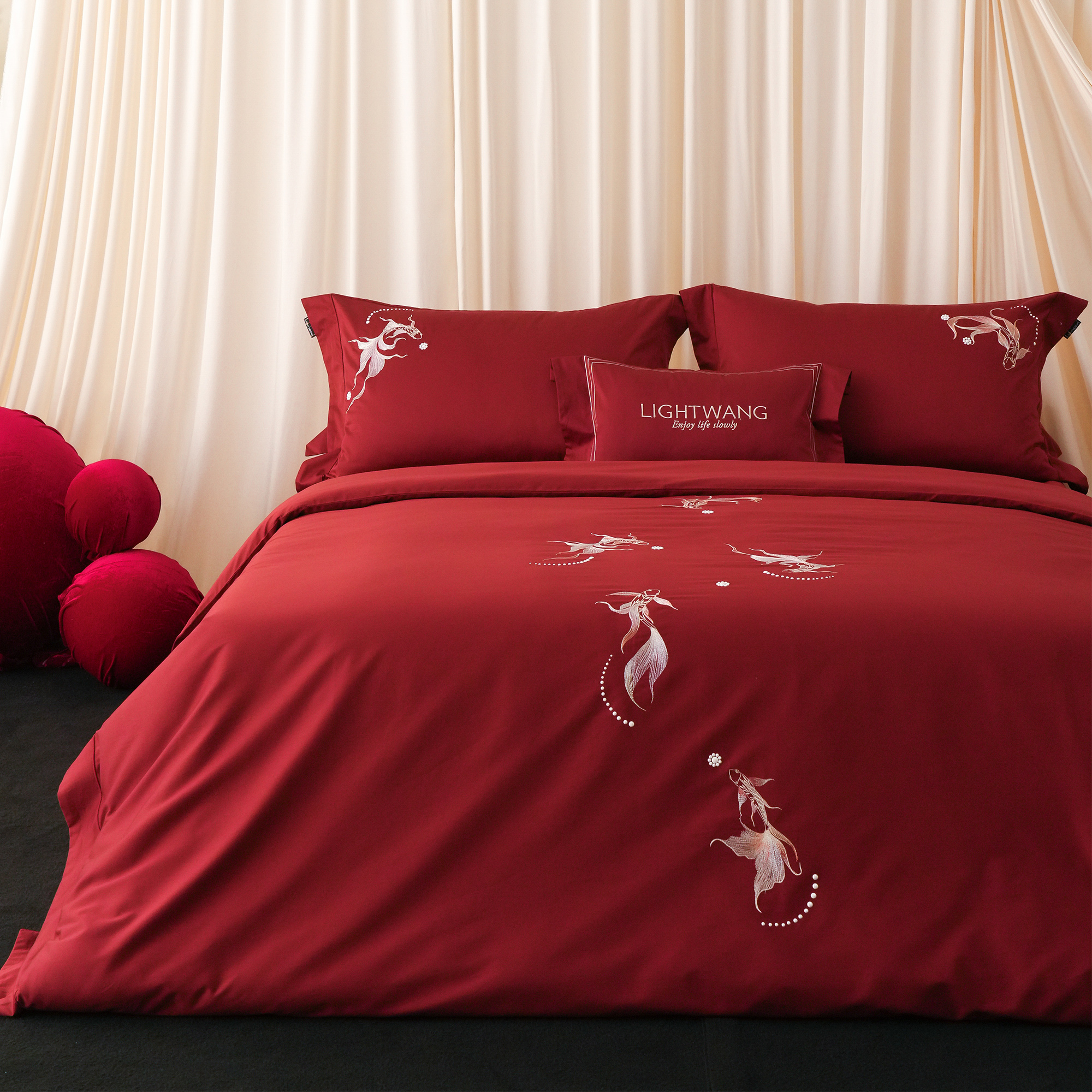 LANSWAY高端东方喜嫁床品四件套锦鲤纳福全棉刺绣新婚庆被套床单