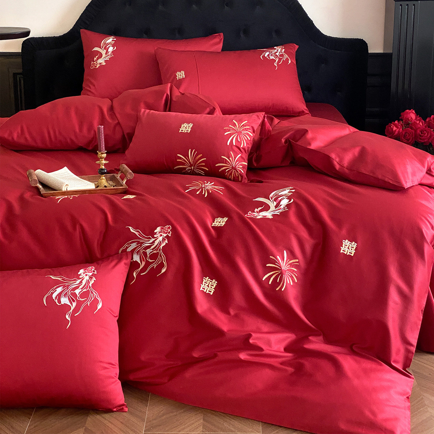LANSWAY烟花锦鲤喜字婚庆四件套全棉中式红色结婚被套床单1.8床笠,床上用品,婚庆床品套件,淘宝优惠券,粉丝福利购,淘宝优惠卷