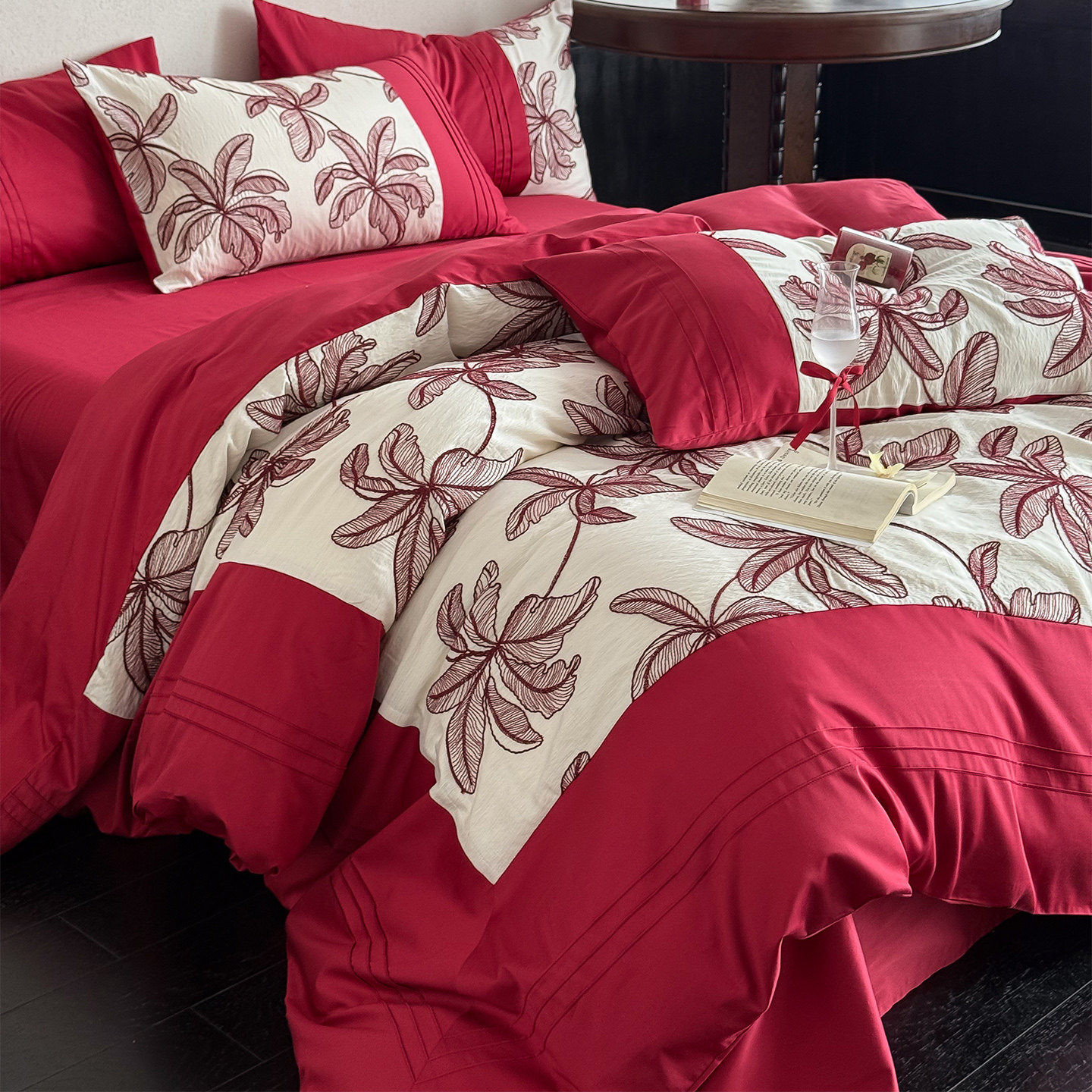 LANSWAY简约婚庆床品四件套全棉树叶绣花拼接被套红色结婚床单2米