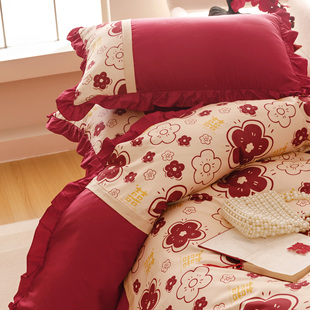 简约婚庆床品四件套全棉数码 印花边红色结婚被套纯棉床单1.8床笠