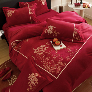 传统中式 婚庆牛奶绒四件套保暖珊瑚绒红色双喜鹊刺绣结婚被套床单