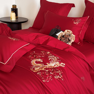 简约新中式 龙凤刺绣婚庆四件套纯棉绣花红色结婚房2米被套1.8床单