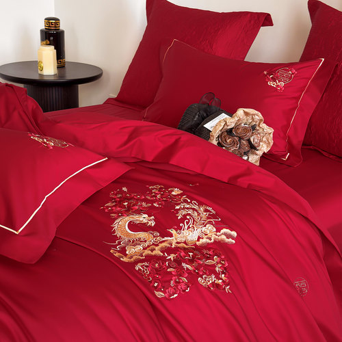 简约新中式龙凤刺绣婚庆四件套纯棉绣花红色结婚房2米被套1.8床单