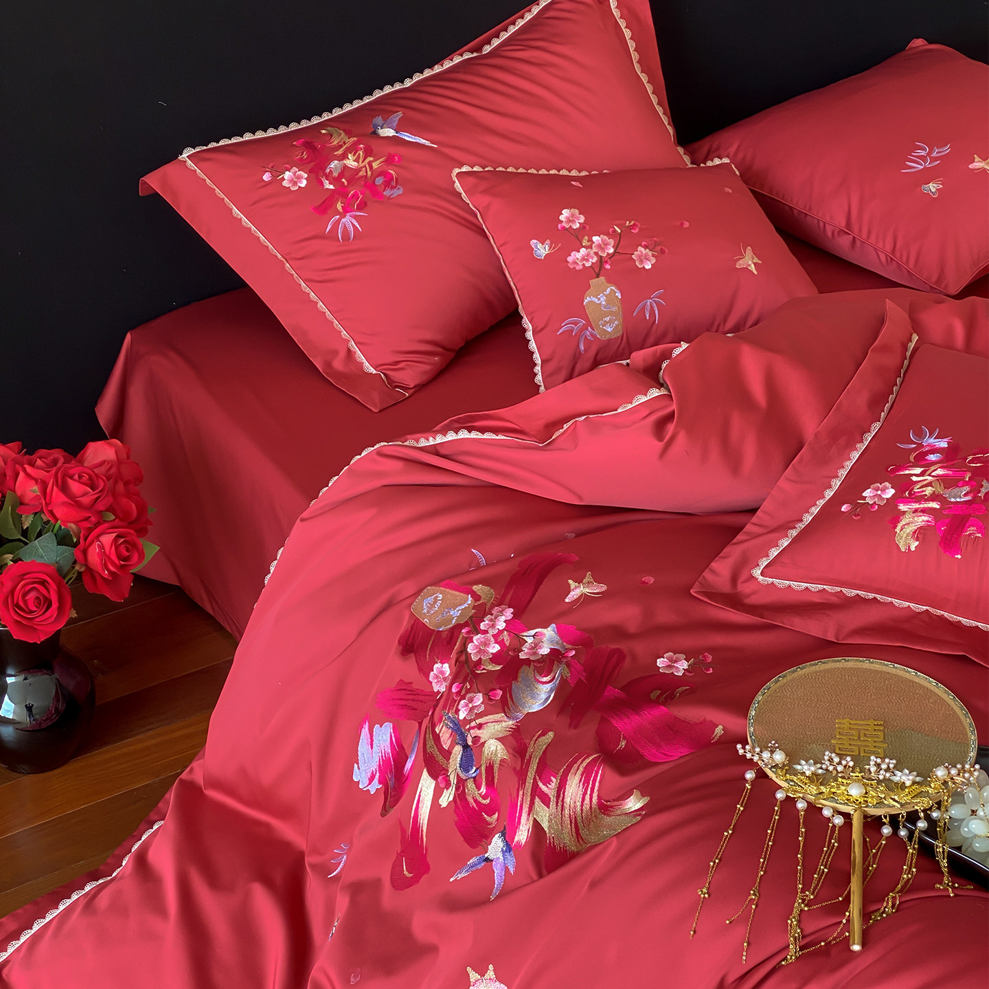 LANSWAY新中式简约婚庆四件套全棉双喜花鸟刺绣红色结婚被套床单