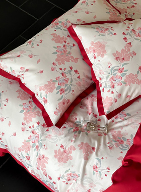 海棠印花全棉婚庆四件套全棉100S长绒棉双面红色结婚被套床单床笠