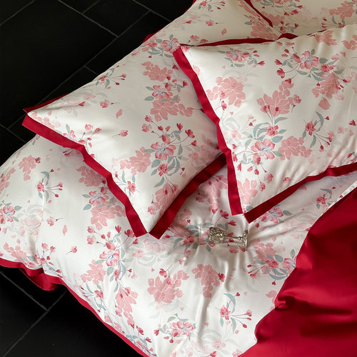 海棠印花全棉婚庆四件套全棉100S长绒棉双面红色结婚被套床单床笠