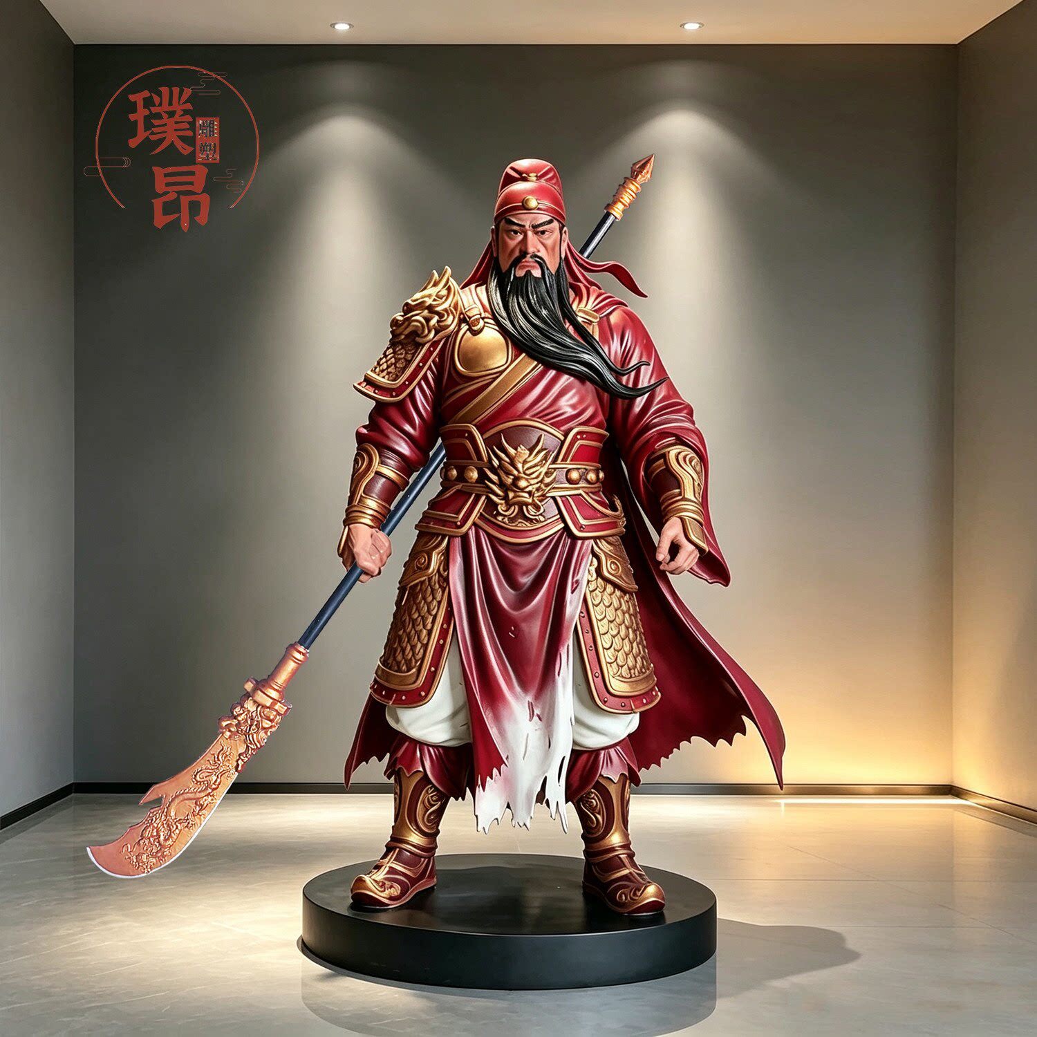 彩色关公玻璃钢雕塑定制大型关羽彩绘雕像出口跨境酒店大厅摆件