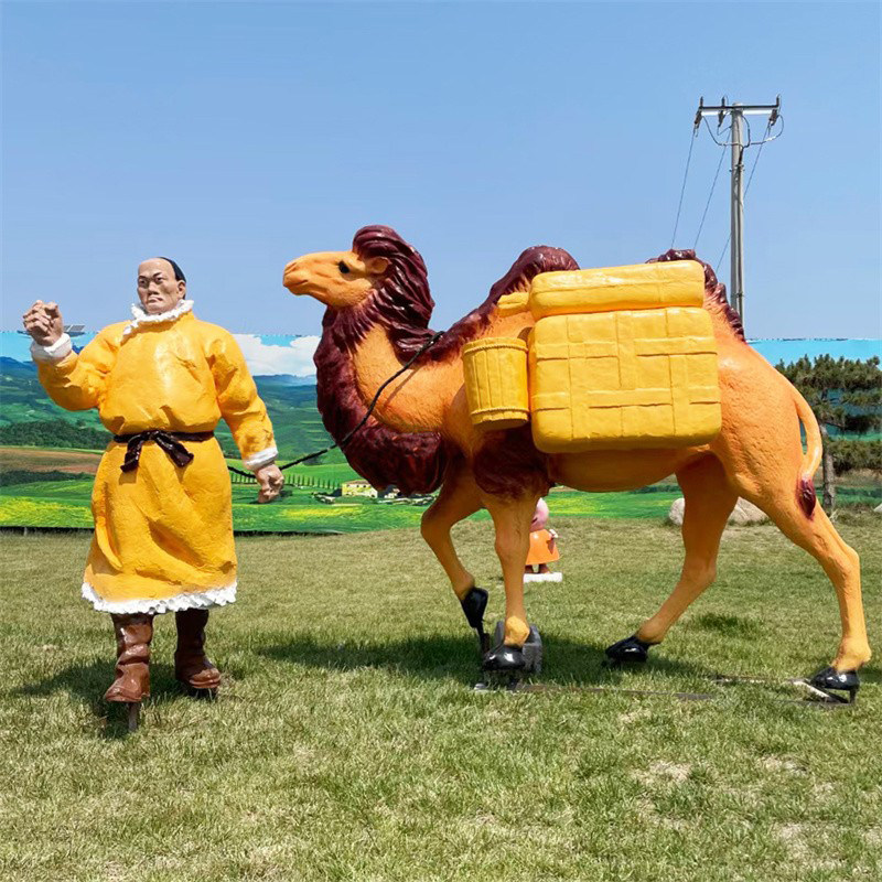 仿铜复古骆驼队雕塑 骆驼客牵骆驼穿越沙漠雕像 丝绸之路景观摆件