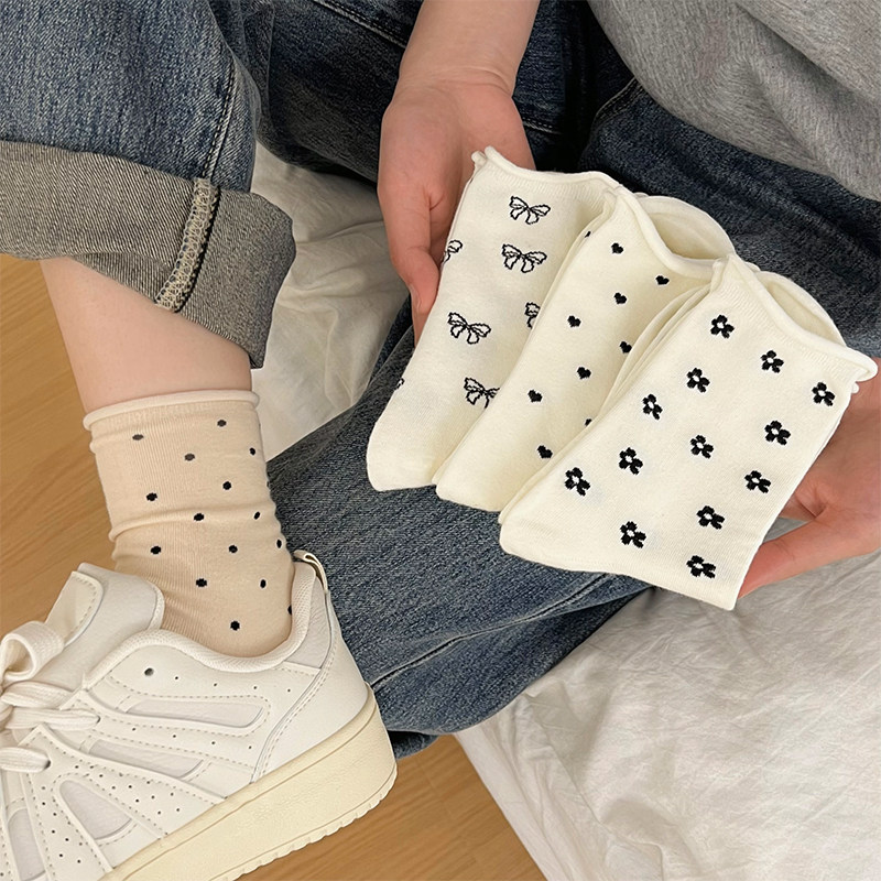 白色蝴蝶结卷边袜子女中筒袜ins潮纯棉夏季薄款波点学生堆堆长袜