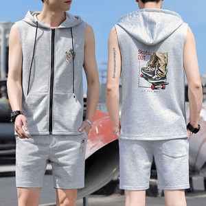 男夏季休閑馬甲五分褲套裝毛圈布五分褲連帽馬甲印花 K13 P45一套圖片