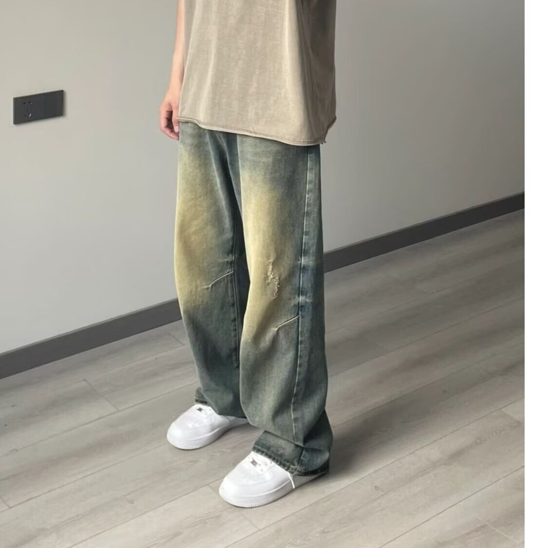 美式复古水洗黄泥牛仔裤男高街做旧宽松百搭直筒阔腿裤D806P58,男装牛仔裤,星座208-1