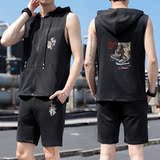 男夏季休闲马甲五分裤套装毛圈布五分裤连帽马甲印花K13P45一套，男装牛仔裤，星座208-1