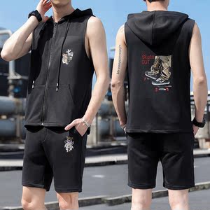 男夏季休闲马甲五分裤套装毛圈布五分裤连帽马甲印花 K13 P45一套图片