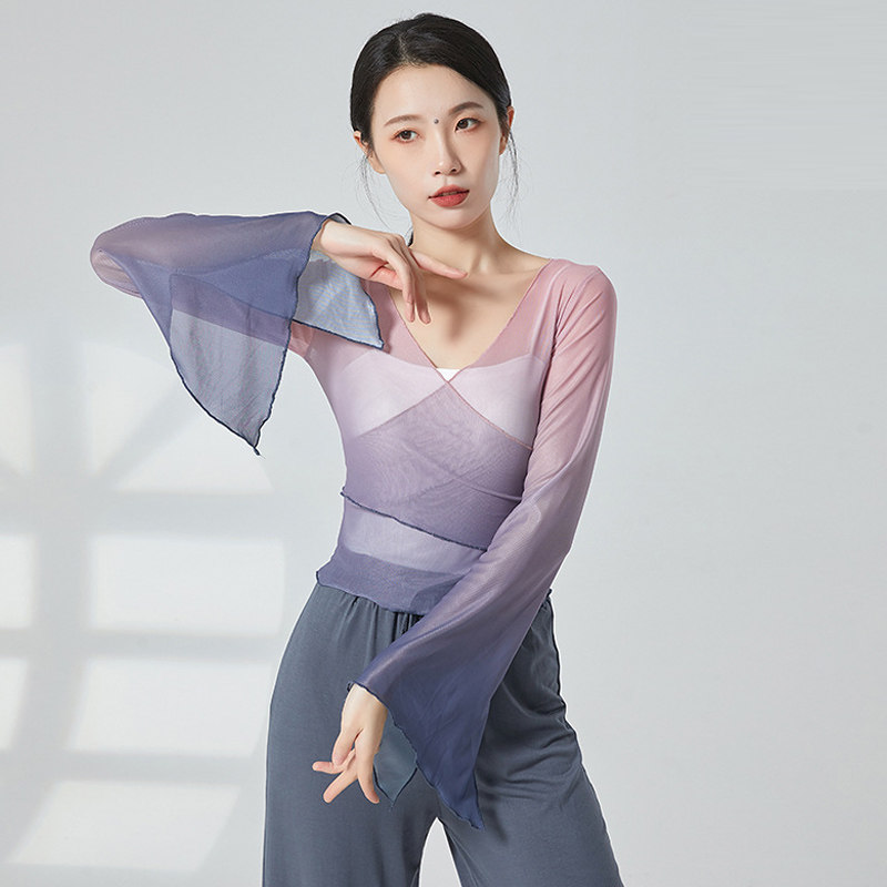 古典舞身韵练功服纱衣渐变色交叉领喇叭袖上衣中国风民族舞演出服