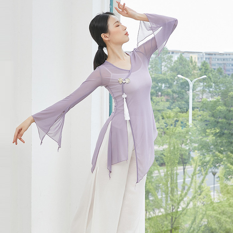 古典舞身韵纱衣女成人V领盘扣喇叭袖上衣中国风民族舞演出服飘逸