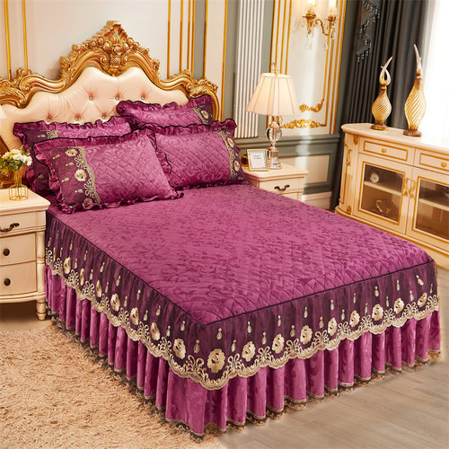 韩版天鹅绒纯色欧式蕾丝防滑床裙