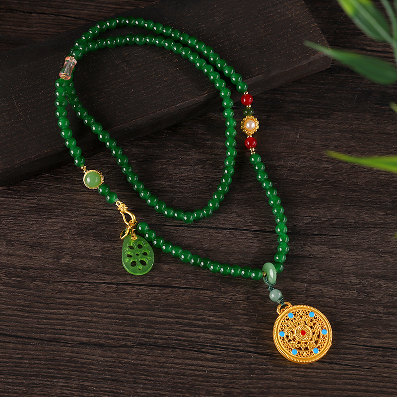 新中式复古串珠罗盘项链女马面裙旗袍毛衣链吊坠民族风短款配饰品